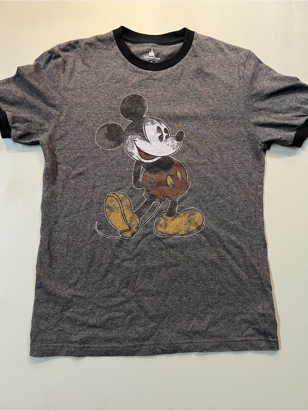 Disney Parks Mickey Mouse Ringer Tee Small Gray Vintage Style Graphic Shirt